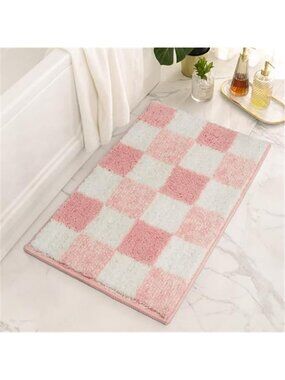 Pink Checkered Bath Mat Non Slip Rug Soft Absorbent Microfiber Bathroom 24x16